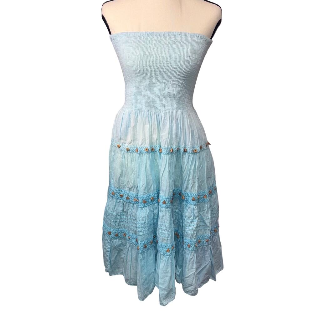 Raya Sun Light blue Smoked Strapless Tiered Midi Dress Boho Resort Wear LG